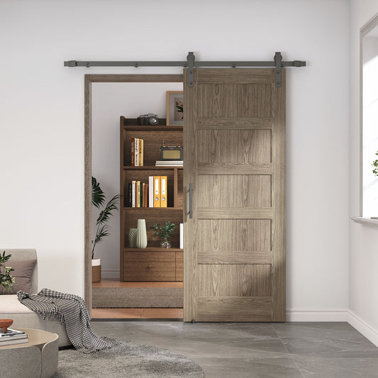 Pre-Assembled Sliding Barn Door with ALL-IN-ONE Black Hardware Kit, 5-Panel Shaker Design, Solid Core, Walnut Veneer Finish, with One-Piece Track, Handle and Lock