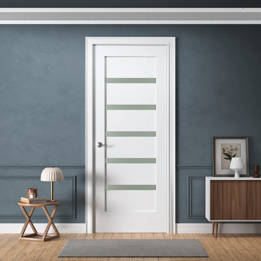5-Lite Small Frosted Glass Design Interior Door, White Primed, Solid Core