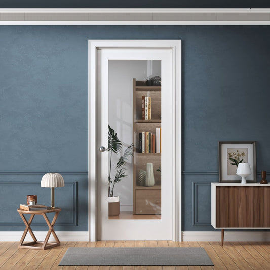 Interior Door Slab Only, 1-Lite Clear Glass Design, White Primed, Solid Core, Available Pre-Drilled for Swing Doors or Non Pre-Drilled for Sliding, Swing, Barn, Pocket, or Bifold Use (Not Prehung)