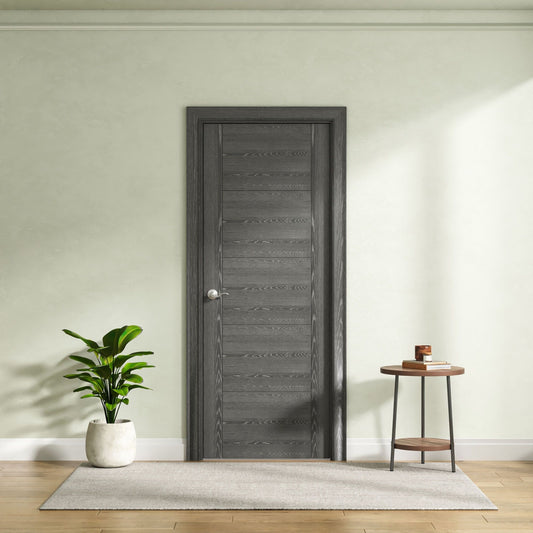 Interior Door Slab Only, 5-Panel Flush Design, Engineered Grey Oak Veneer Primed, Solid Core, Available Pre-Drilled for Swing Doors or Non Pre-Drilled for Sliding, Swing, Barn, Pocket, or Bifold Use (Not Prehung)