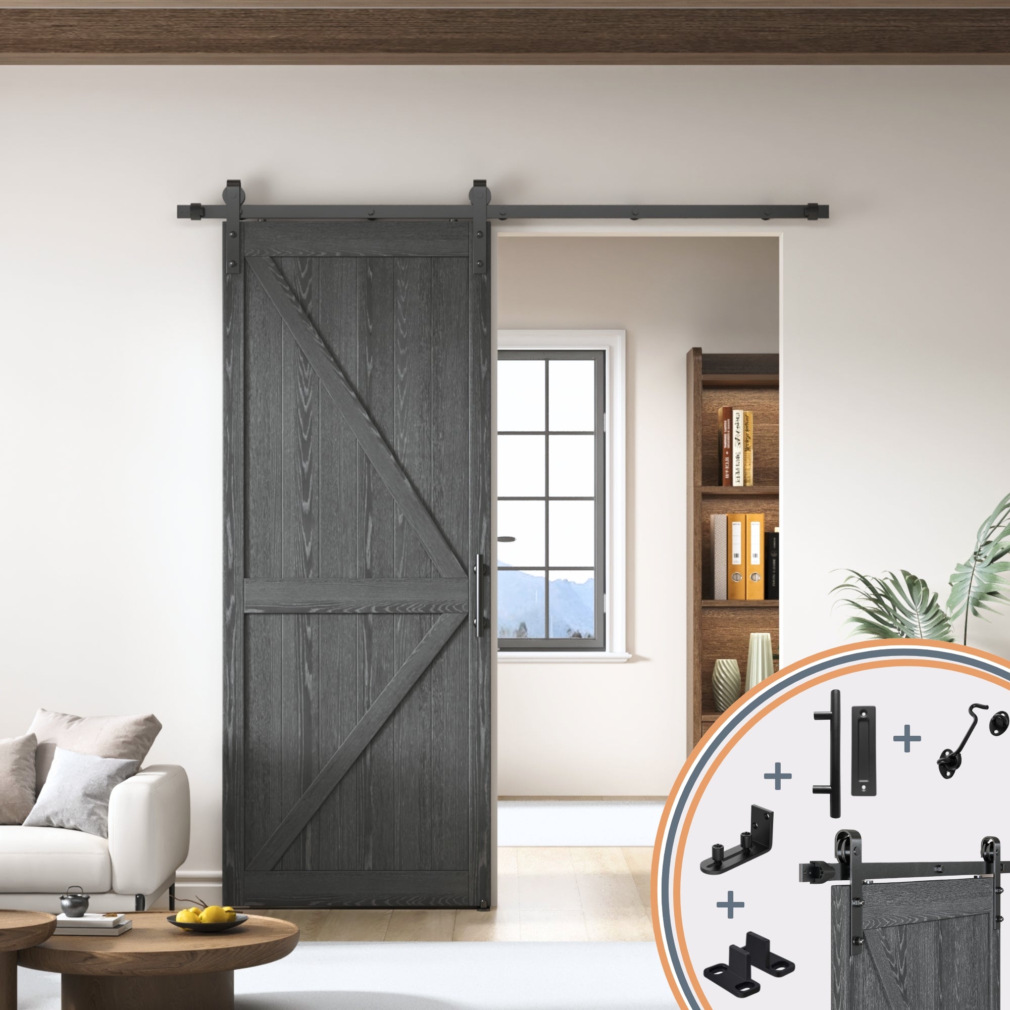 All-IN-ONE Sliding Barn Door Hardware Kit, with One-Piece Track (No-Splice), Handle, Lock, Adjustable Floor & Wall Guide, Smoothly & Quietly, Easy to Install, Heavy Duty, Black (No Door)