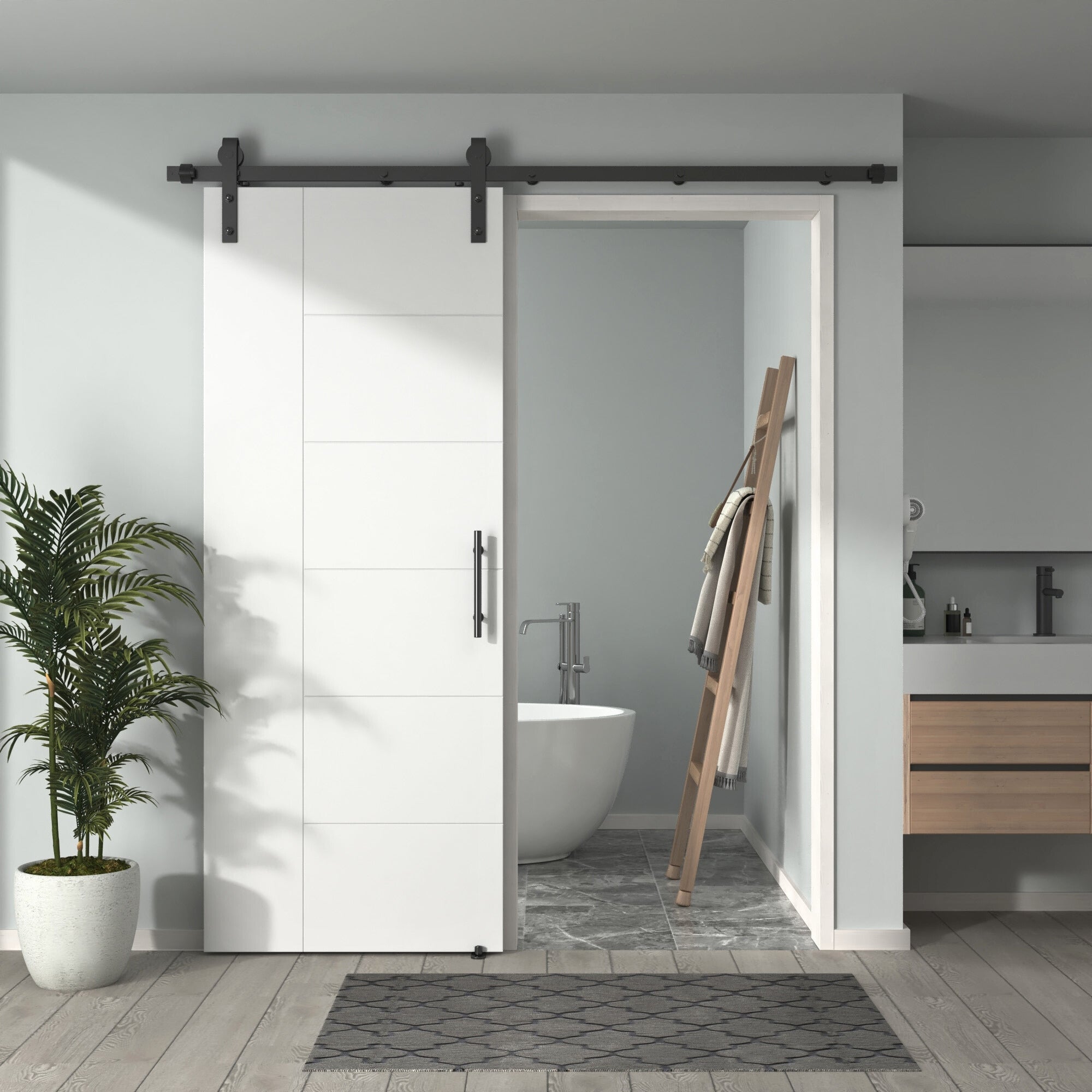 Pre-Assembled Sliding Barn Door with ALL-IN-ONE Black Hardware Kit, Berkley Flush Design, Solid Core, White Primed, with One-Piece Track, Includes Handle and Lock