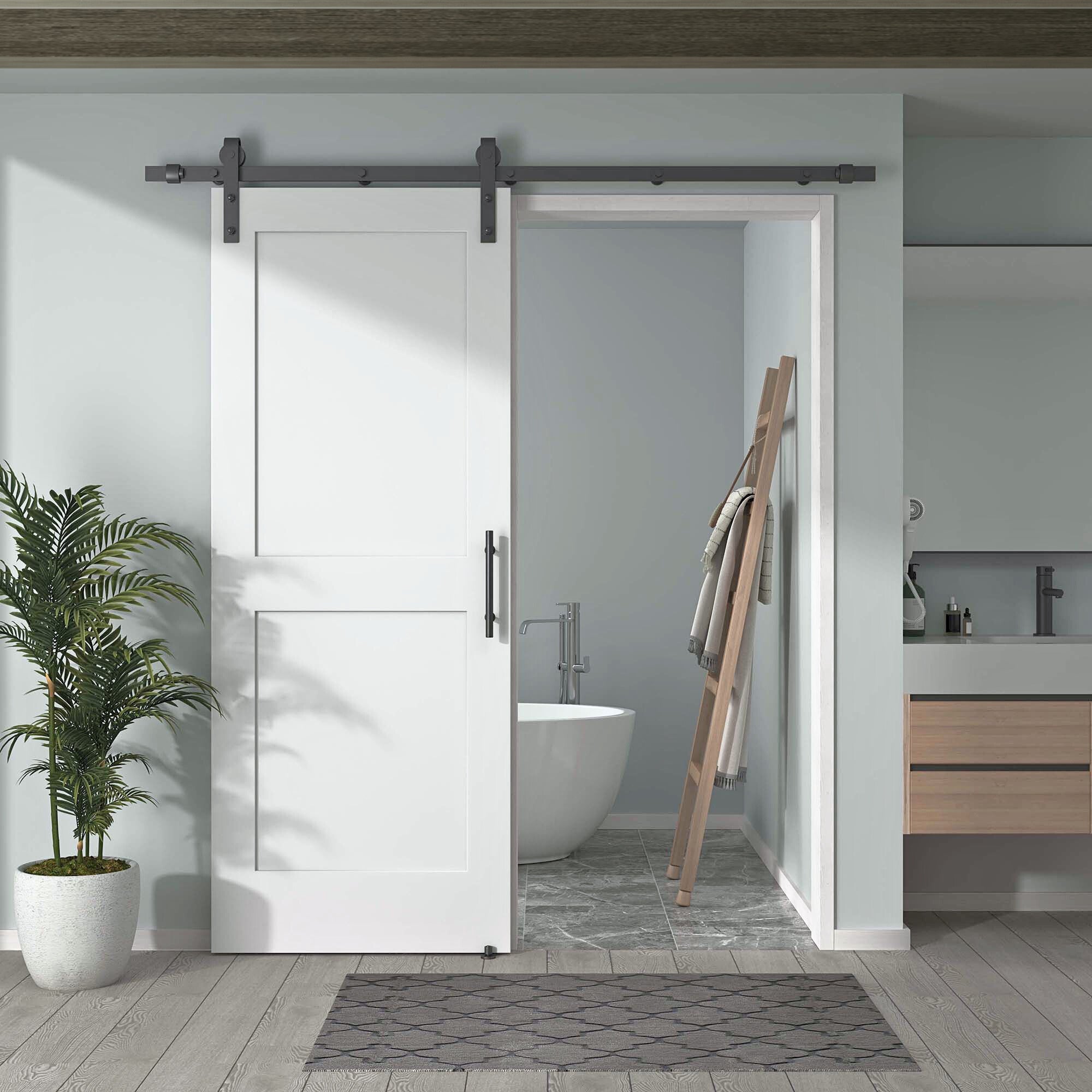 Pre-Assembled Sliding Barn Door with ALL-IN-ONE Black Hardware Kit, 2-Panel Shaker Design, Solid Core, White Primed, with One-Piece Track, Includes Handle and Lock