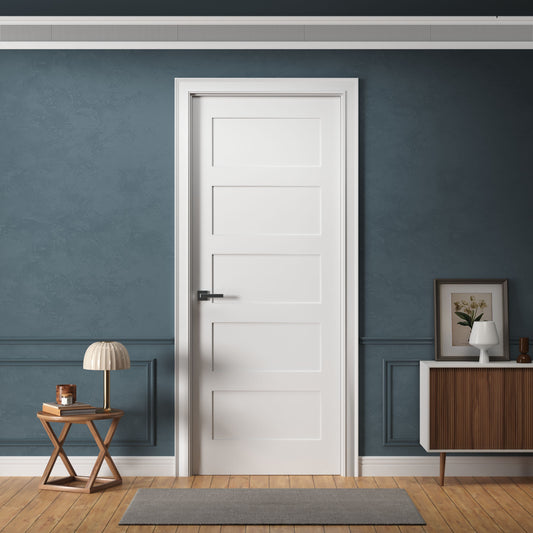 Interior Door Slab Only, 5-Panel Shaker Design, White Primed, Solid Core, Available Pre-Drilled for Swing Doors or Non Pre-Drilled for Sliding, Swing, Barn, Pocket, or Bifold Use (Not Prehung)