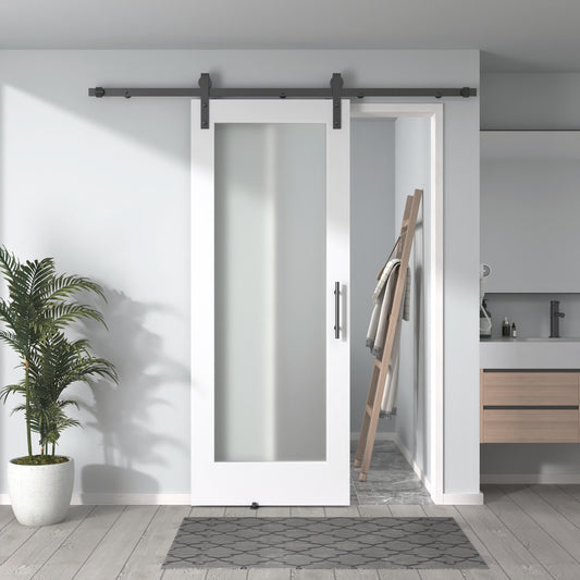 Pre-Assembled Sliding Barn Door with ALL-IN-ONE Black Hardware Kit, 1-Lite Frosted Glass Design, Solid Core, White Primed, with One-Piece Track, Includes Handle and Lock