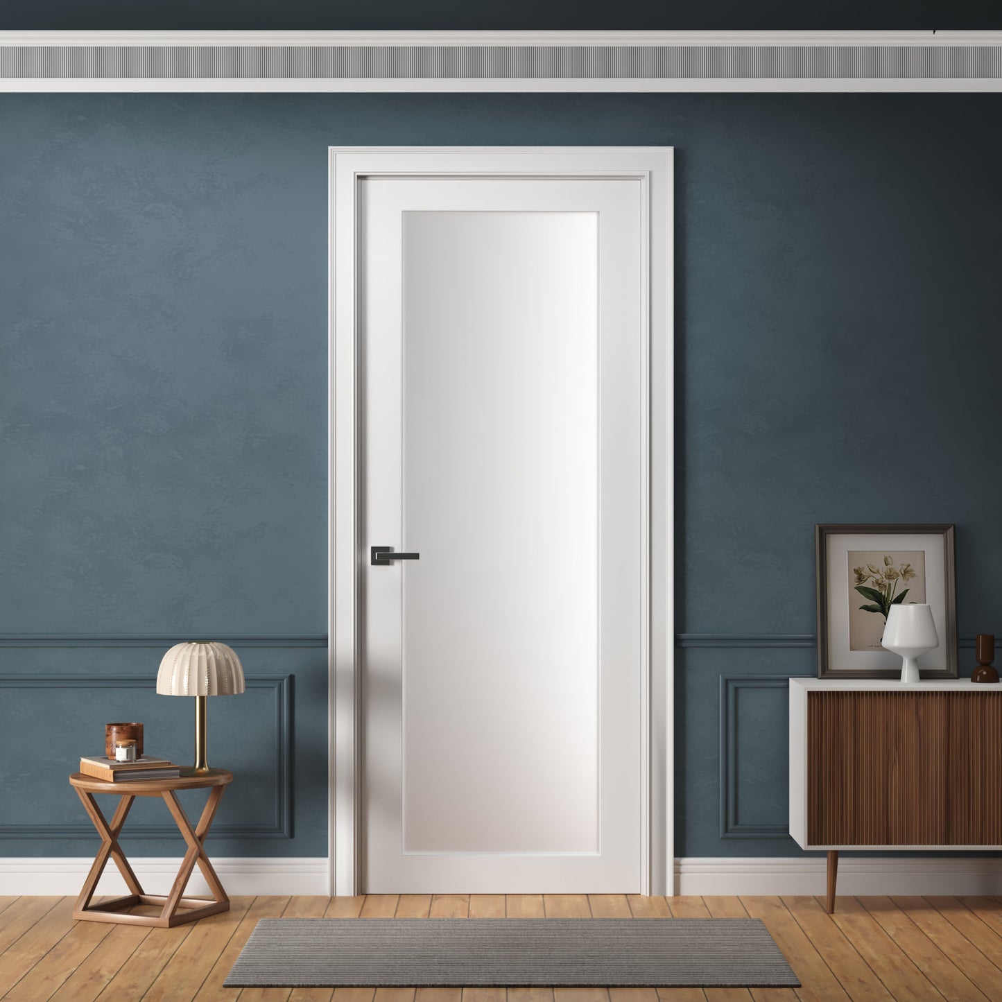 Prehung Interior Door, 1-Lite Frosted Glass Design, White Primed, Solid Core, with Jambs Kit, Black or Satin Nickel Hinges, and Pre-Drilled Lock & Hinge Holes