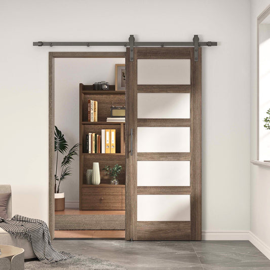 Pre-Assembled Sliding Barn Door with ALL-IN-ONE Black Hardware Kit, 5-Lite Frosted Glass Design, Solid Core, Walnut Veneer Primed, with One-Piece Track, Handle and Lock