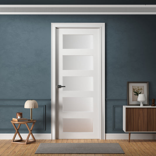 5-Lite Frosted Glass Interior Door - White Primed Solid Core Door Slab for Sliding Door, Swing Door, Barn Door, Bifold Door or Pocket Door Applications