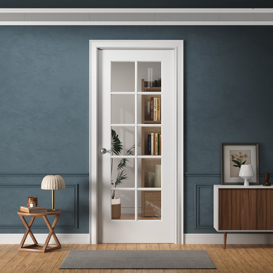 Interior Door Slab Only, 10-Lite Clear Glass Design, White Primed, Solid Core, Available Pre-Drilled for Swing Doors or Non Pre-Drilled for Sliding, Swing, Barn, Pocket, or Bifold Use (Not Prehung)
