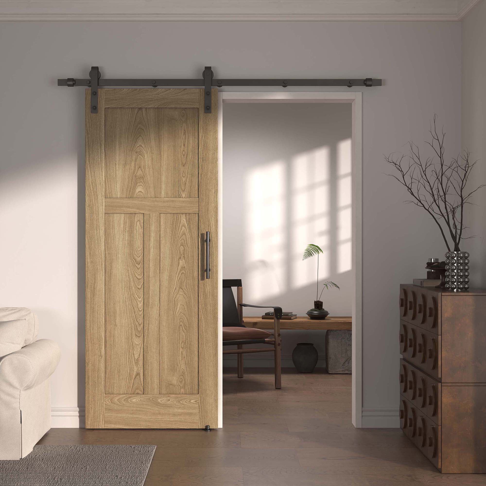 Pre-Assembled Sliding Barn Door with ALL-IN-ONE Black Hardware Kit, 3-Panel Shaker Design, Solid Core, Oak Veneer Finish, with One-Piece Track, Includes Handle and Lock