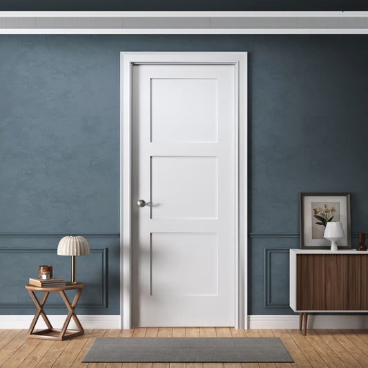 Interior Door Slab Only, 3-Panel Shaker Design, White Primed, Solid Core, Available Pre-Drilled for Swing Doors or Non Pre-Drilled for Sliding, Swing, Barn, Pocket, or Bifold Use (Not Prehung)