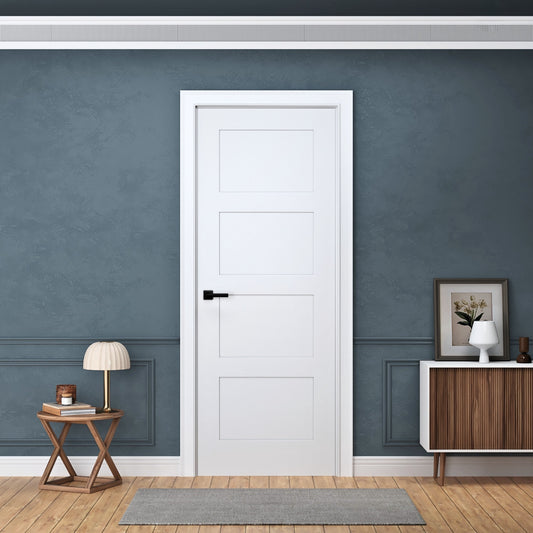 Prehung Interior Door, 4-Panel Shaker Design, White Primed, Solid Core, with Jambs Kit, Black or Satin Nickel Hinges, and Pre-Drilled Lock & Hinge Holes