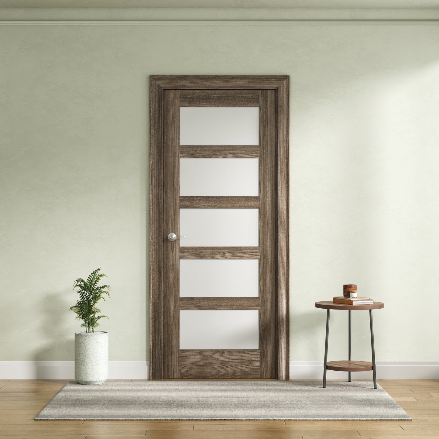 5-Lite Frosted Glass Design Interior Door, Engineered Walnut Veneer Finish, Solid Core
