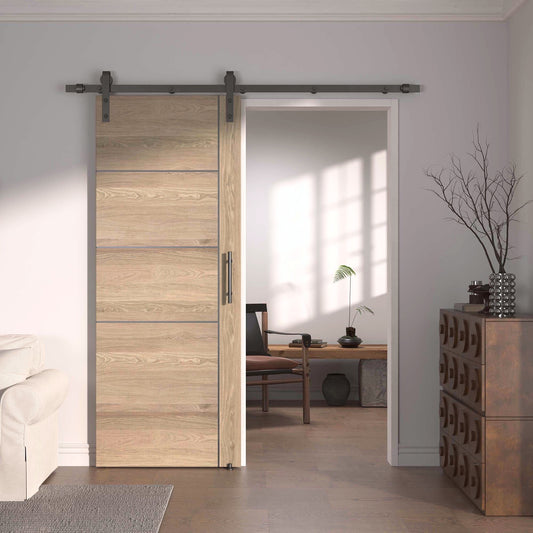 Pre-Assembled Sliding Barn Door with ALL-IN-ONE Black Hardware Kit, 5-Panel Flush Design, Solid Core, Walnut Veneer Finish, with One-Piece Track, Handle and Lock