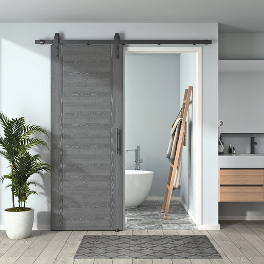 Pre-Assembled Sliding Barn Door with ALL-IN-ONE Black Hardware Kit, 5-Panel Flush Design, Solid Core, Grey Oak Veneer Finish, with One-Piece Track, Handle and Lock