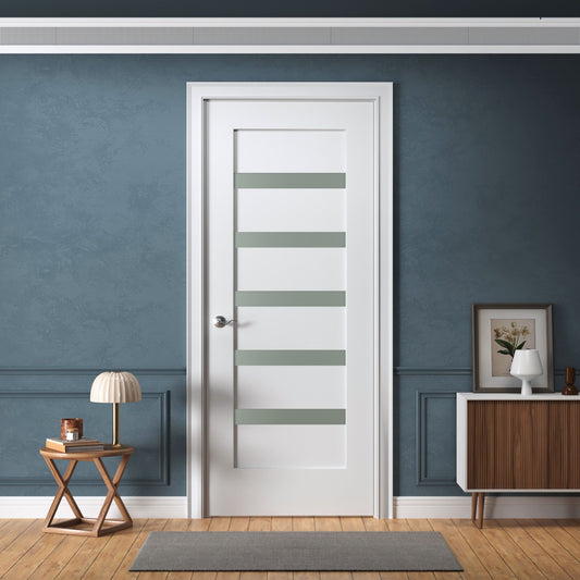5-Lite Small Frosted Glass Interior Door – White Primed Solid Core Door Slab for Sliding Door, Swing Door, Barn Door, Bifold Door or Pocket Door Applications