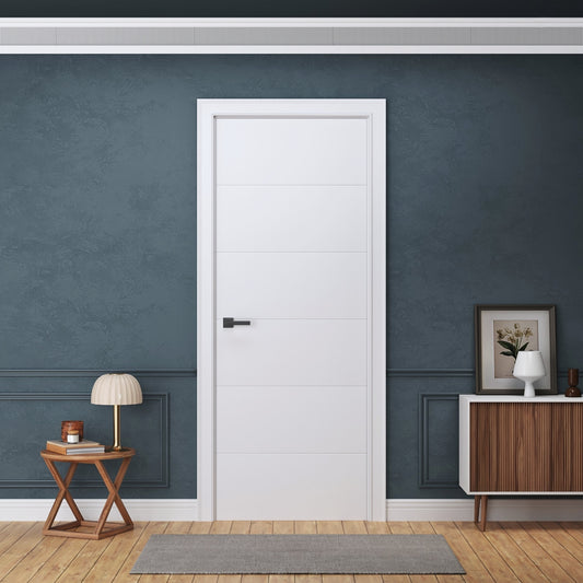 Prehung Interior Door, 5-Line Flush Design, White Primed, Hollow Core, with Jambs Kit, Black or Satin Nickel Hinges, and Pre-Drilled Lock & Hinge Holes