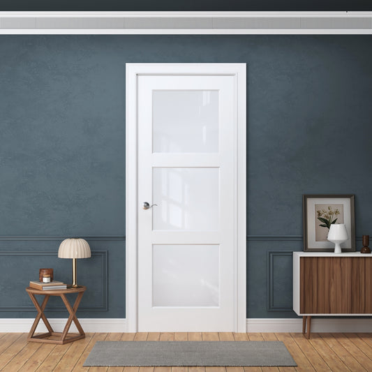Interior Door Slab Only, 3-Lite Frosted Glass Design, White Primed, Solid Core, Available Pre-Drilled for Swing Doors or Non Pre-Drilled for Sliding, Swing, Barn, Pocket, or Bifold Use (Not Prehung)