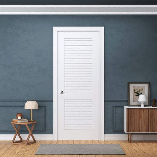 Prehung Interior Door, 2-Panel Louver Design, White Primed, Solid Core, with Jambs Kit, Black or Satin Nickel Hinges, and Pre-Drilled Lock & Hinge Holes