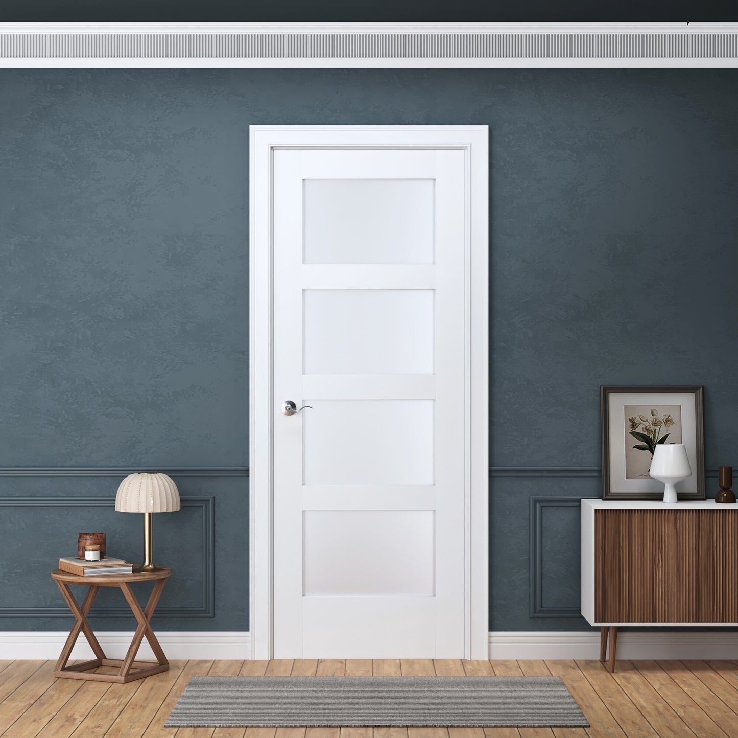 Prehung Interior Door, 4-Lite Frosted Glass Design, White Primed, Solid Core, with Jambs Kit, Black or Satin Nickel Hinges, and Pre-Drilled Lock & Hinge Holes