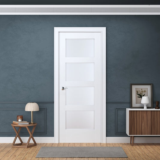 Prehung Interior Door, 4-Lite Frosted Glass Design, White Primed, Solid Core, with Jambs Kit, Black or Satin Nickel Hinges, and Pre-Drilled Lock & Hinge Holes