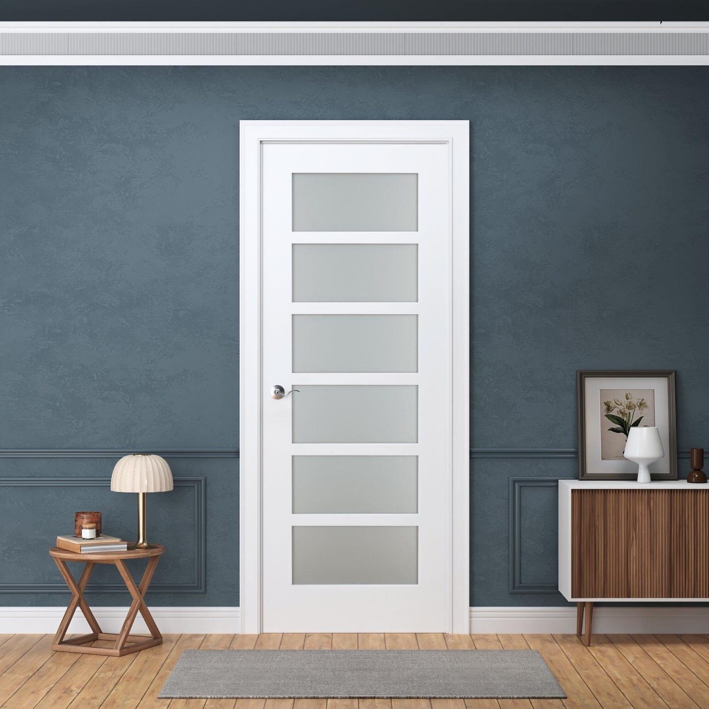 Prehung Interior Door, 6-Lite Frosted Glass Design, White Primed, Solid Core, with Jambs Kit, Black or Satin Nickel Hinges, and Pre-Drilled Lock & Hinge Holes (Copy)
