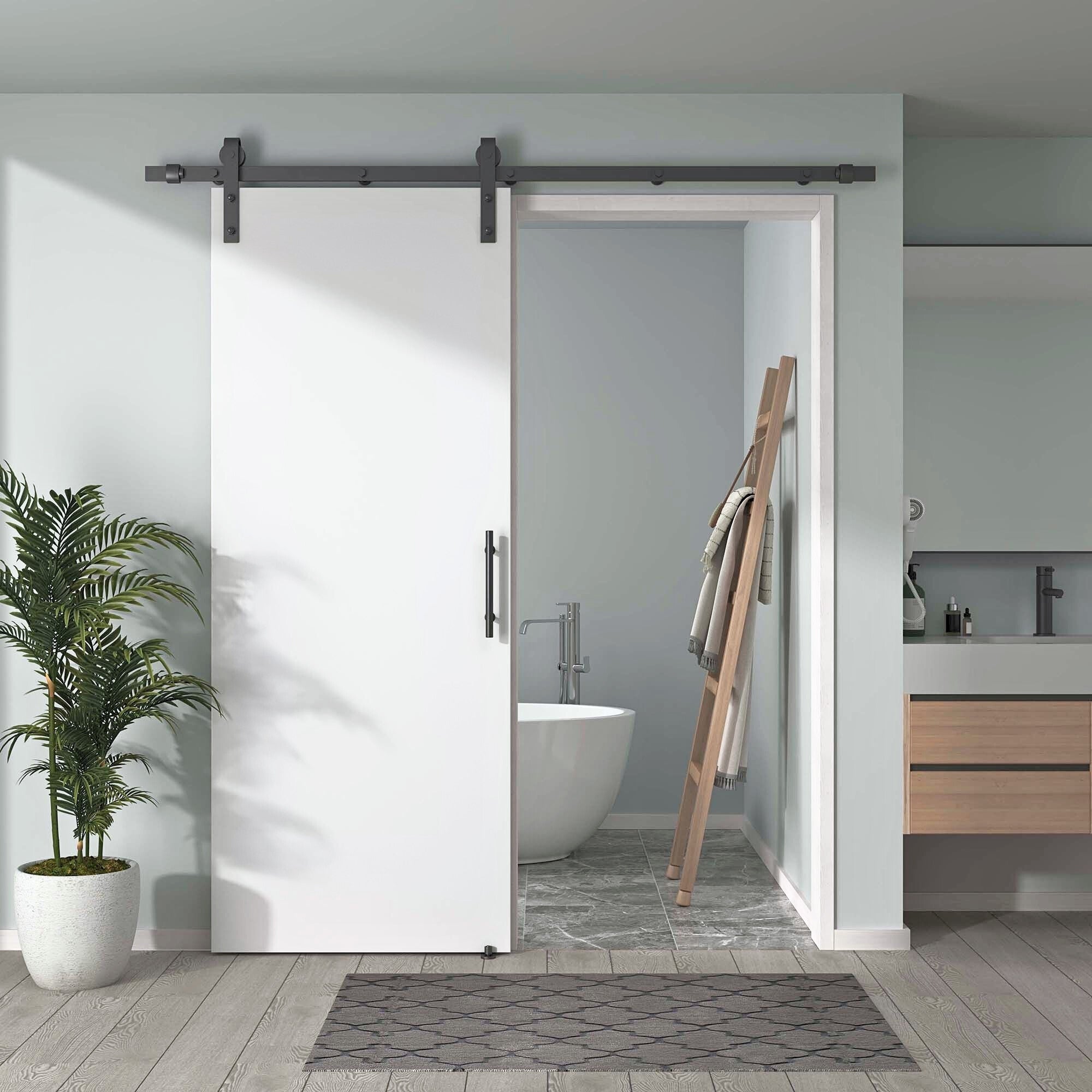 Pre-Assembled Sliding Barn Door with ALL-IN-ONE Black Hardware Kit, Plain Flush Design, Solid Core, White Primed, with One-Piece Track, Includes Handle and Lock