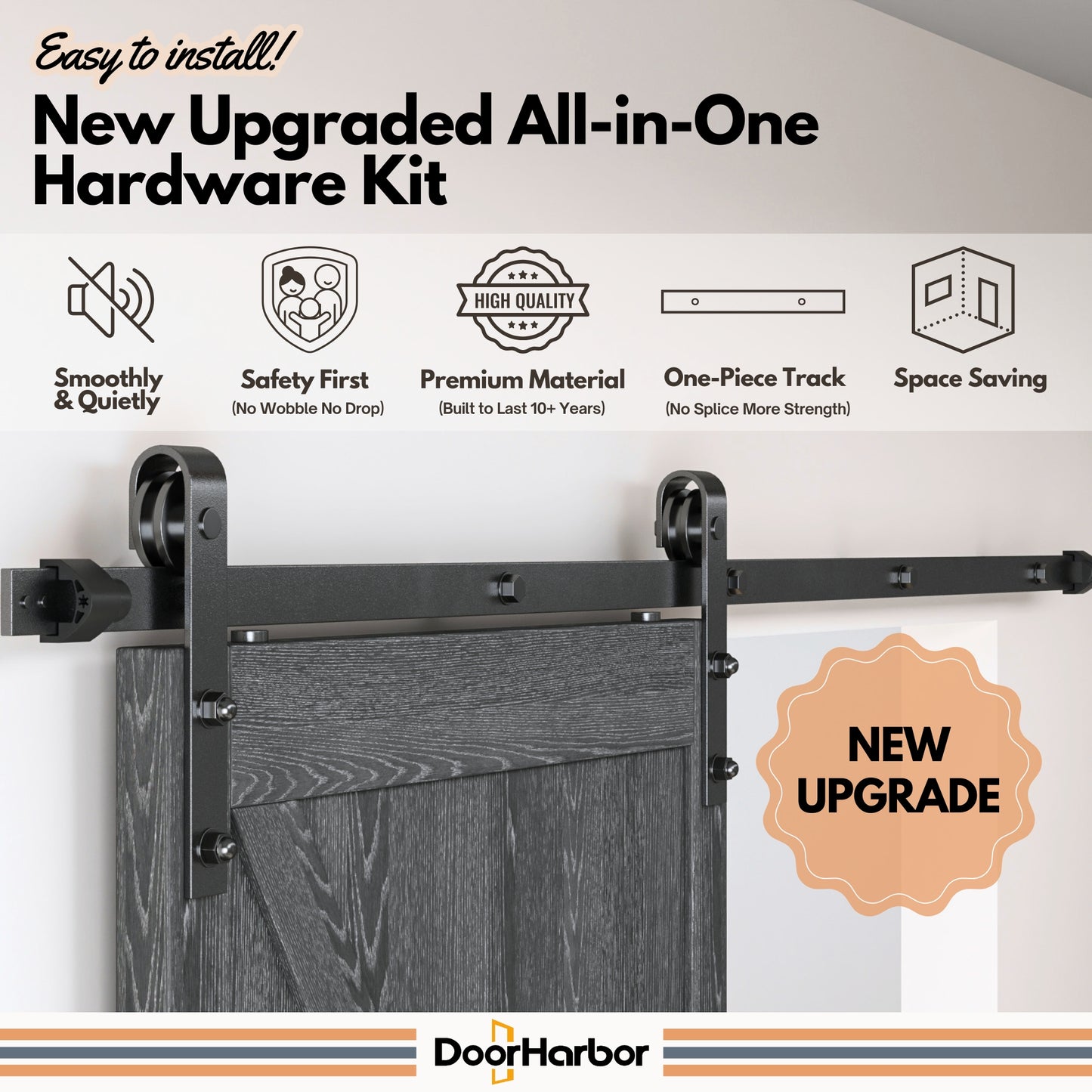 DOOR HARBOR All-IN-ONE Sliding Barn Door Hardware Kit, with One-Piece Track (No-Splice), Handle, Lock, Adjustable Floor & Wall Guide, Smoothly & Quietly, Easy to Install, Heavy Duty, Black (No Door)