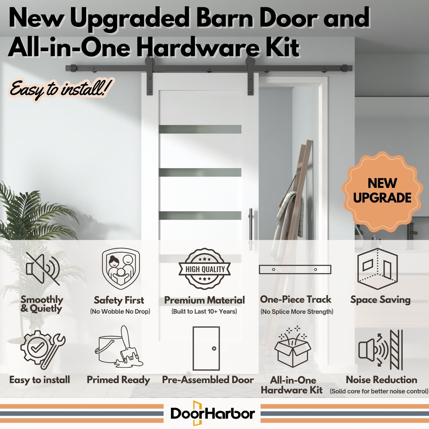 Pre-Assembled Sliding Barn Door with ALL-IN-ONE Black Hardware Kit, 5-Lite Small Frosted Glass Design, Solid Core, White Primed, with One-Piece Track, Includes Handle and Lock