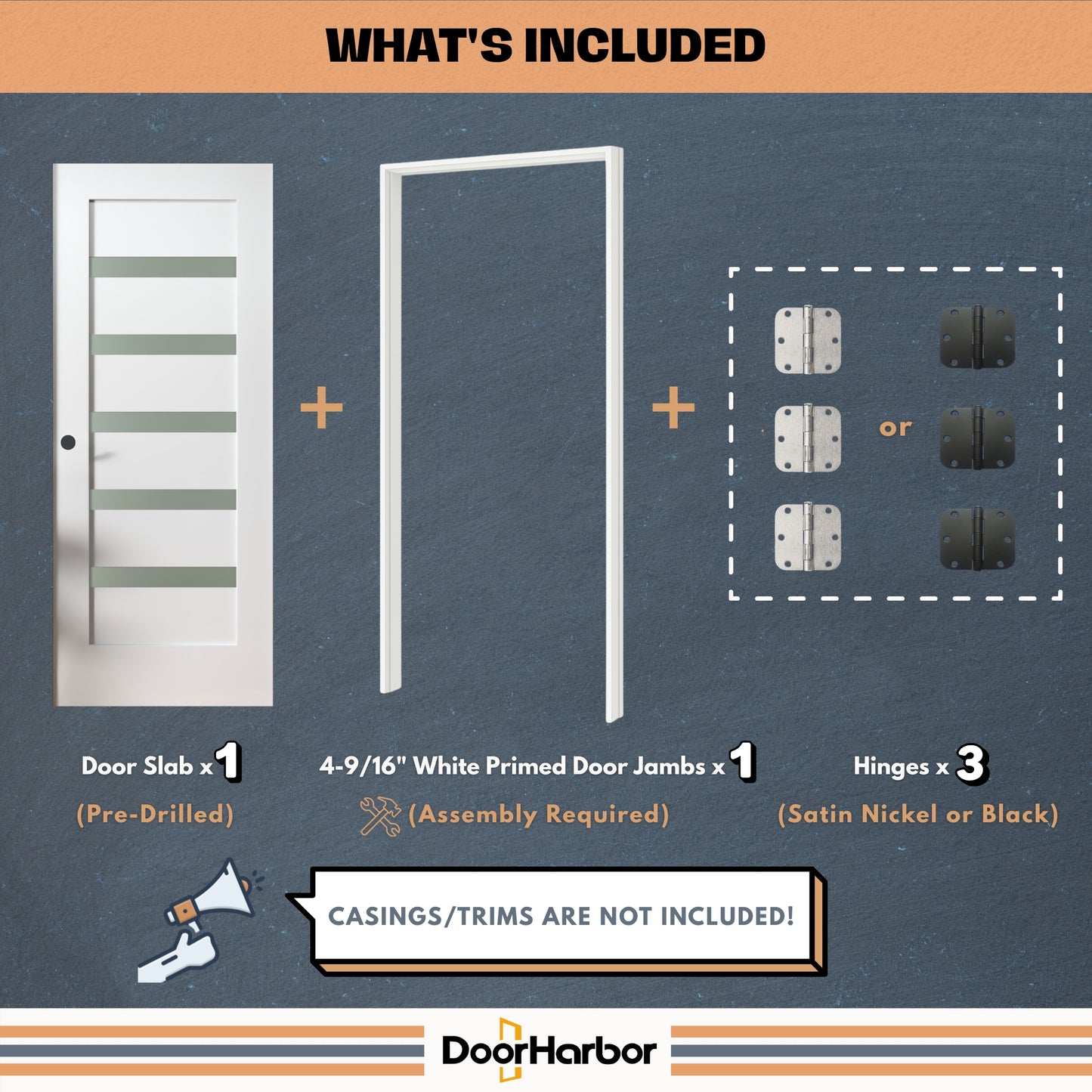 Prehung Interior Door, 5-Lite Small Frosted Glass Design, White Primed, Solid Core, with Jambs Kit, Black or Satin Nickel Hinges, and Pre-Drilled Lock & Hinge Holes