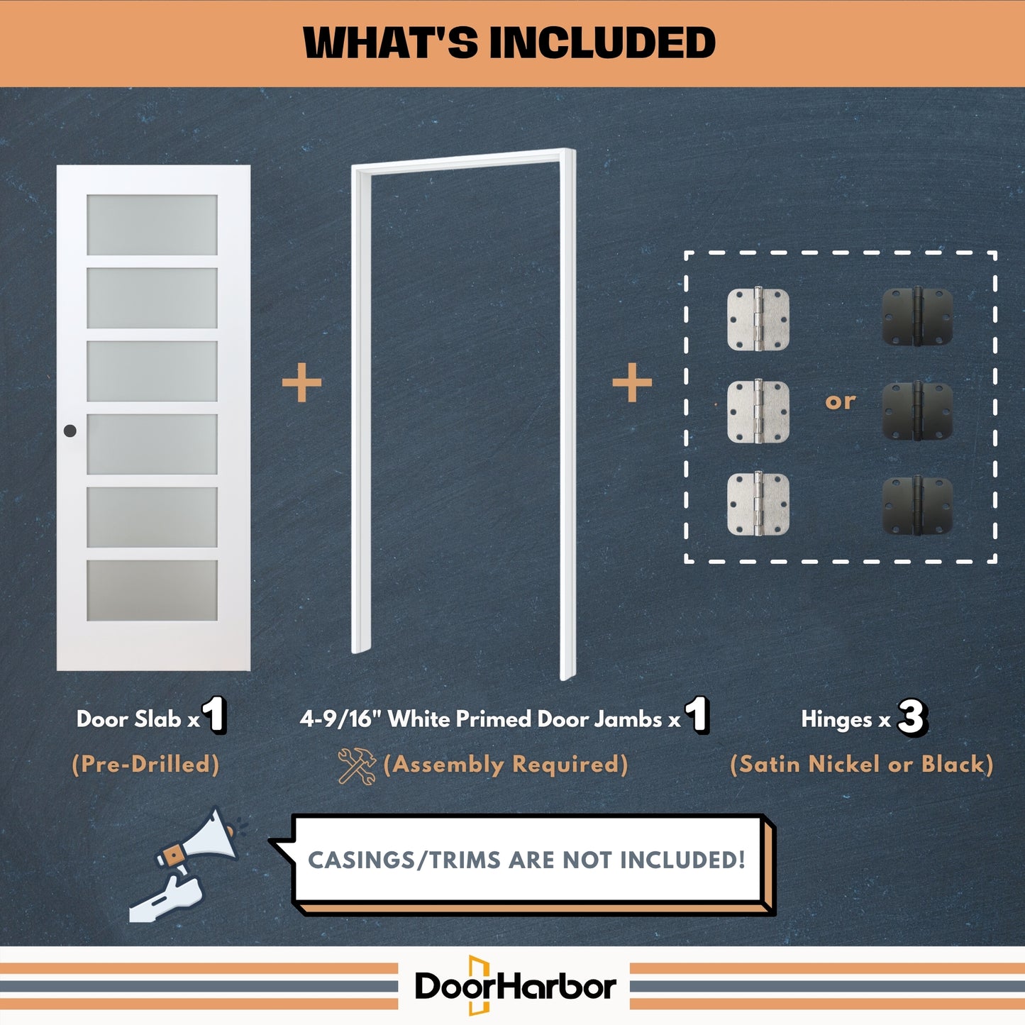 Prehung Interior Door, 6-Lite Frosted Glass Design, White Primed, Solid Core, with Jambs Kit, Black or Satin Nickel Hinges, and Pre-Drilled Lock & Hinge Holes (Copy)