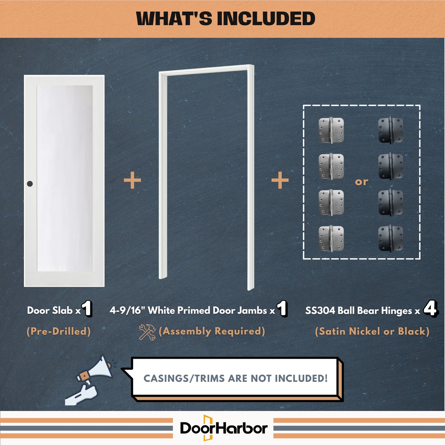 Prehung Interior Door, 1-Lite Frosted Glass Design, White Primed, Solid Core, with Jambs Kit, Black or Satin Nickel Hinges, and Pre-Drilled Lock & Hinge Holes