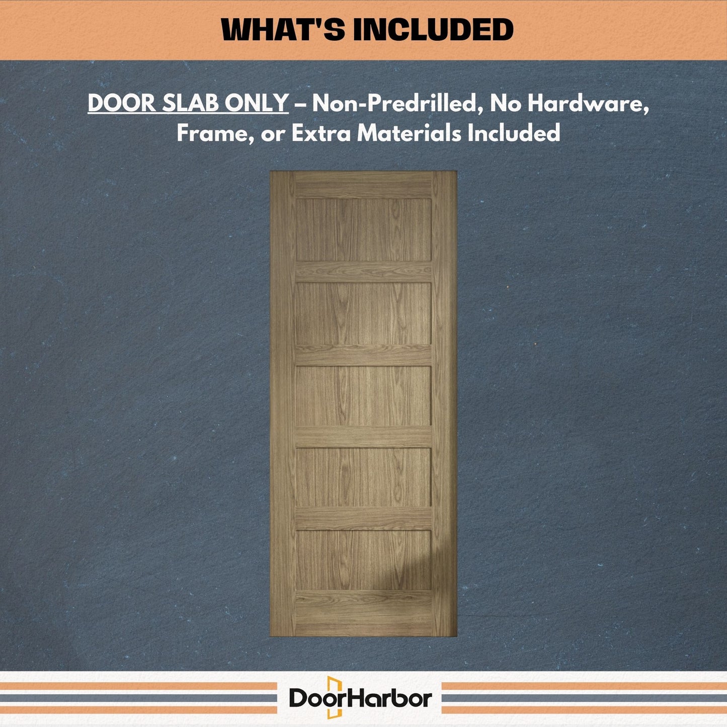 Interior Door Slab Only, 5-Panel Shaker Design, Engineered Walnut Veneer Primed, Solid Core, Available Pre-Drilled for Swing Doors or Non Pre-Drilled for Sliding, Swing, Barn, Pocket, or Bifold Use (Not Prehung)