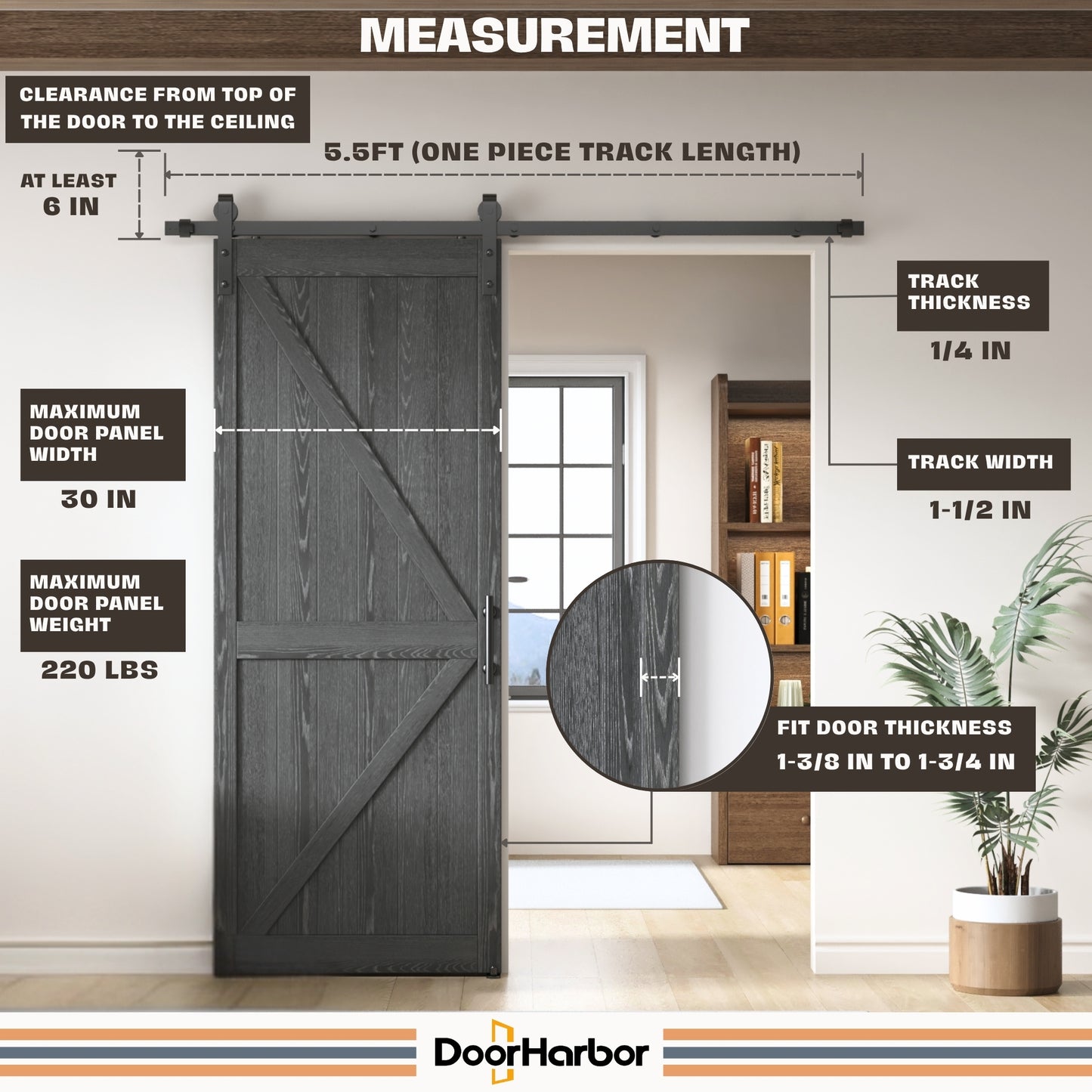 DOOR HARBOR All-IN-ONE Sliding Barn Door Hardware Kit, with One-Piece Track (No-Splice), Handle, Lock, Adjustable Floor & Wall Guide, Smoothly & Quietly, Easy to Install, Heavy Duty, Black (No Door)