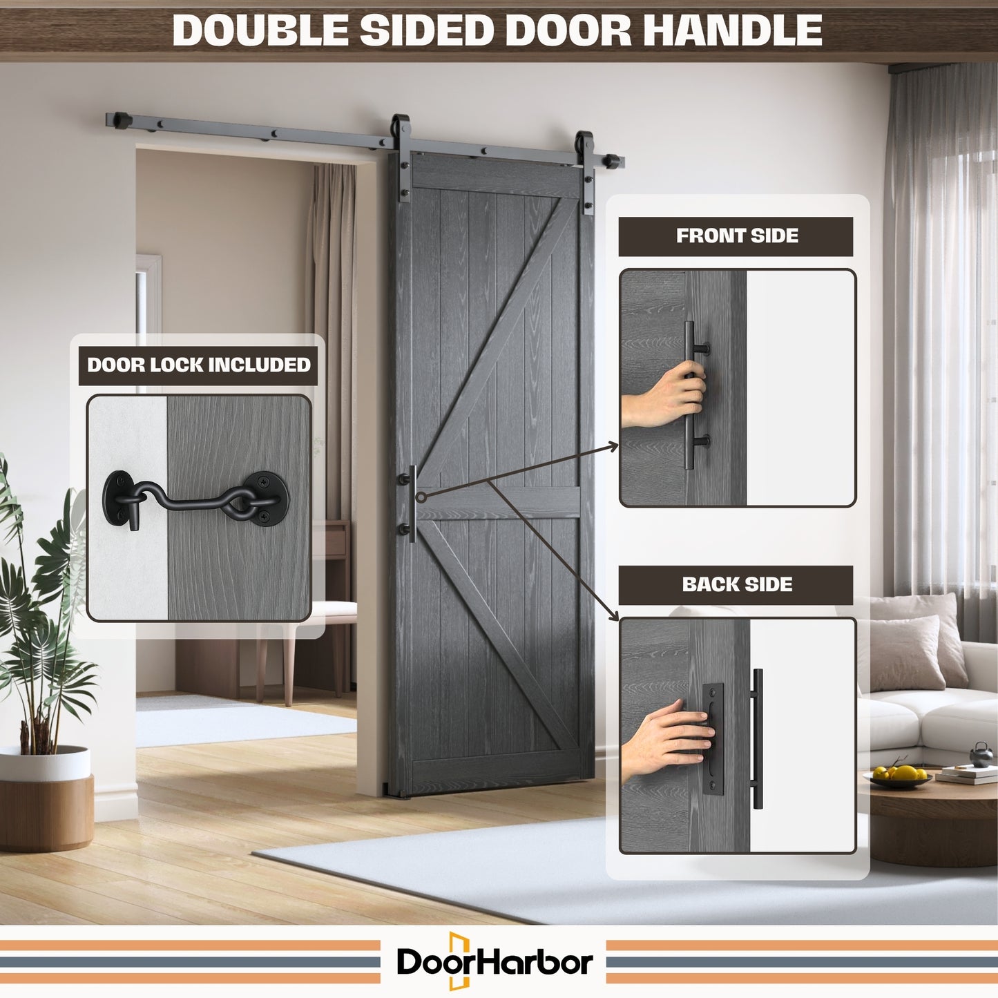 DOOR HARBOR All-IN-ONE Sliding Barn Door Hardware Kit, with One-Piece Track (No-Splice), Handle, Lock, Adjustable Floor & Wall Guide, Smoothly & Quietly, Easy to Install, Heavy Duty, Black (No Door)