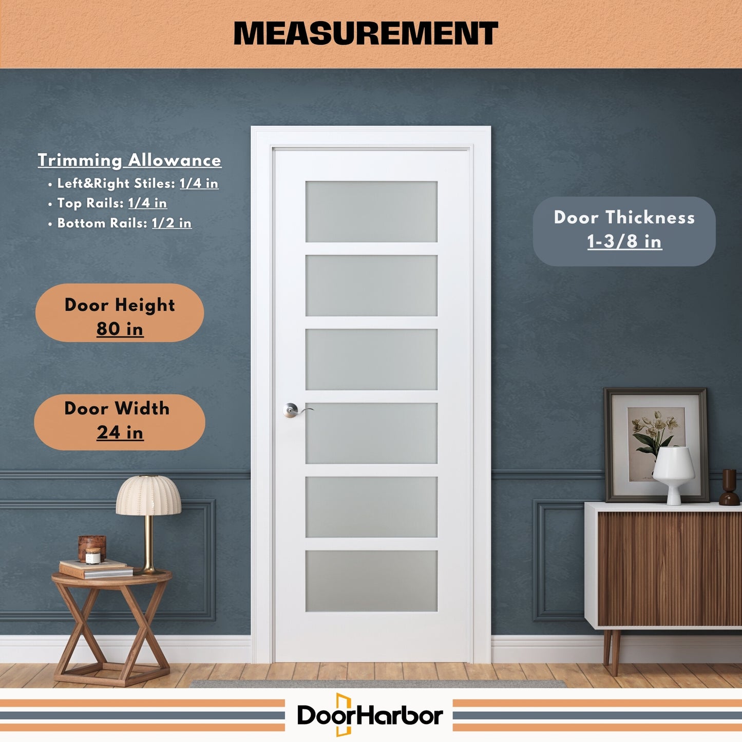 Prehung Interior Door, 6-Lite Frosted Glass Design, White Primed, Solid Core, with Jambs Kit, Black or Satin Nickel Hinges, and Pre-Drilled Lock & Hinge Holes (Copy)