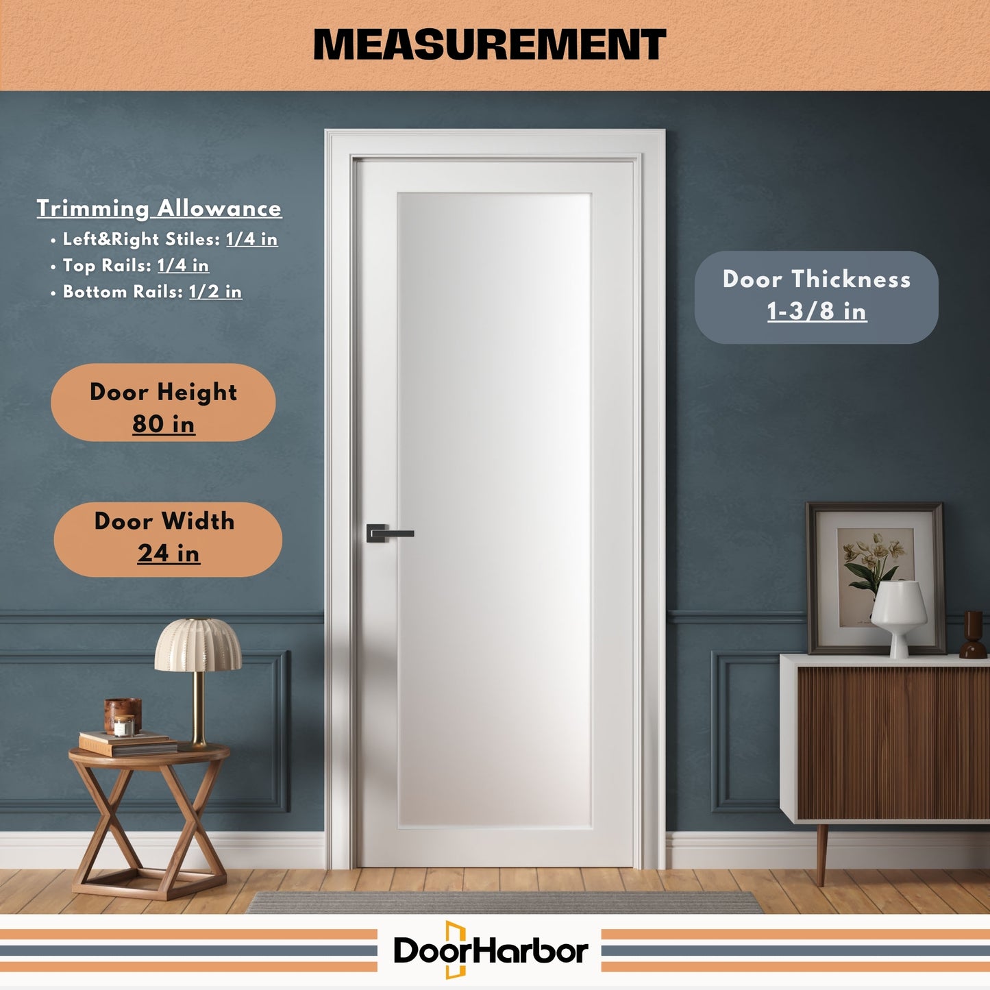 Prehung Interior Door, 1-Lite Frosted Glass Design, White Primed, Solid Core, with Jambs Kit, Black or Satin Nickel Hinges, and Pre-Drilled Lock & Hinge Holes