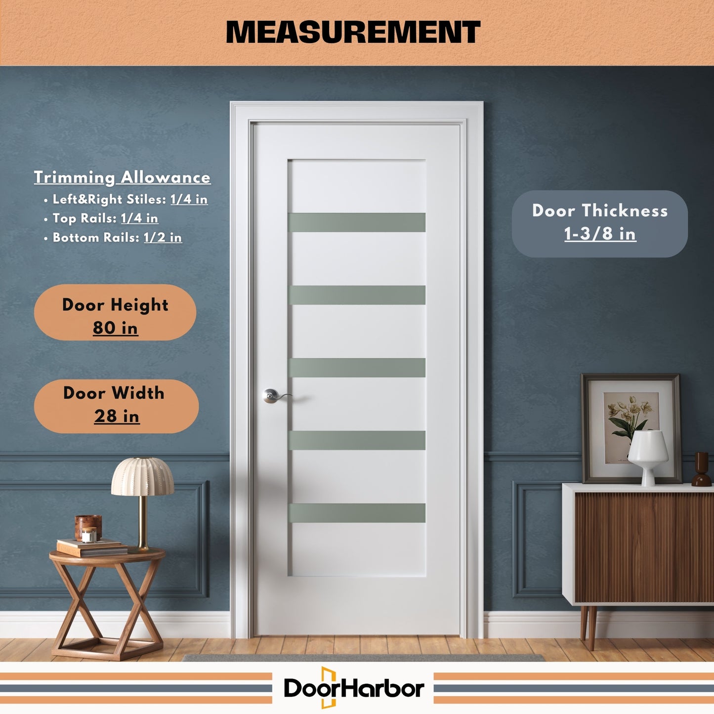 Prehung Interior Door, 5-Lite Small Frosted Glass Design, White Primed, Solid Core, with Jambs Kit, Black or Satin Nickel Hinges, and Pre-Drilled Lock & Hinge Holes