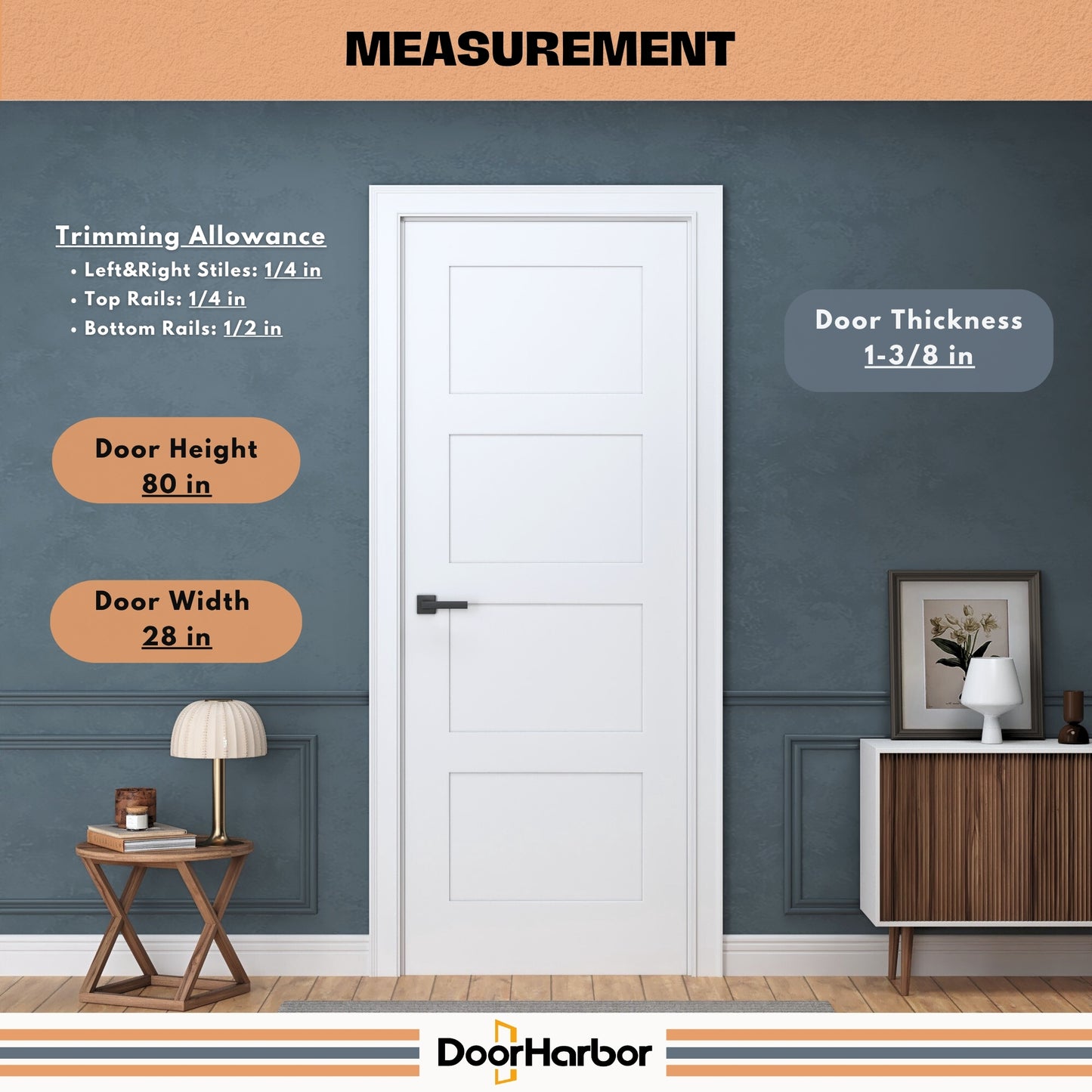 Interior Door Slab Only, 4-Panel Shaker Design, White Primed, Solid Core, Available Pre-Drilled for Swing Doors or Non Pre-Drilled for Sliding, Swing, Barn, Pocket, or Bifold Use (Not Prehung)