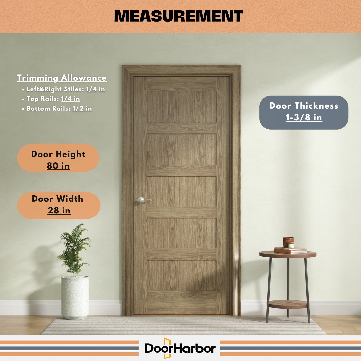 Interior Door Slab Only, 5-Panel Shaker Design, Engineered Walnut Veneer Primed, Solid Core, Available Pre-Drilled for Swing Doors or Non Pre-Drilled for Sliding, Swing, Barn, Pocket, or Bifold Use (Not Prehung)