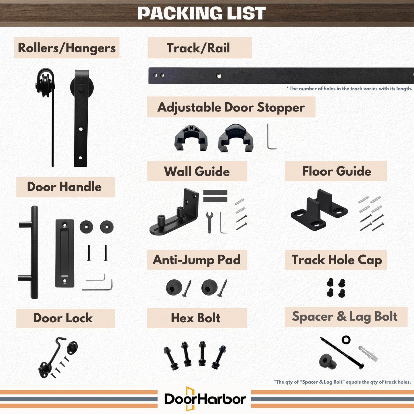 DOOR HARBOR All-IN-ONE Sliding Barn Door Hardware Kit, with One-Piece Track (No-Splice), Handle, Lock, Adjustable Floor & Wall Guide, Smoothly & Quietly, Easy to Install, Heavy Duty, Black (No Door)